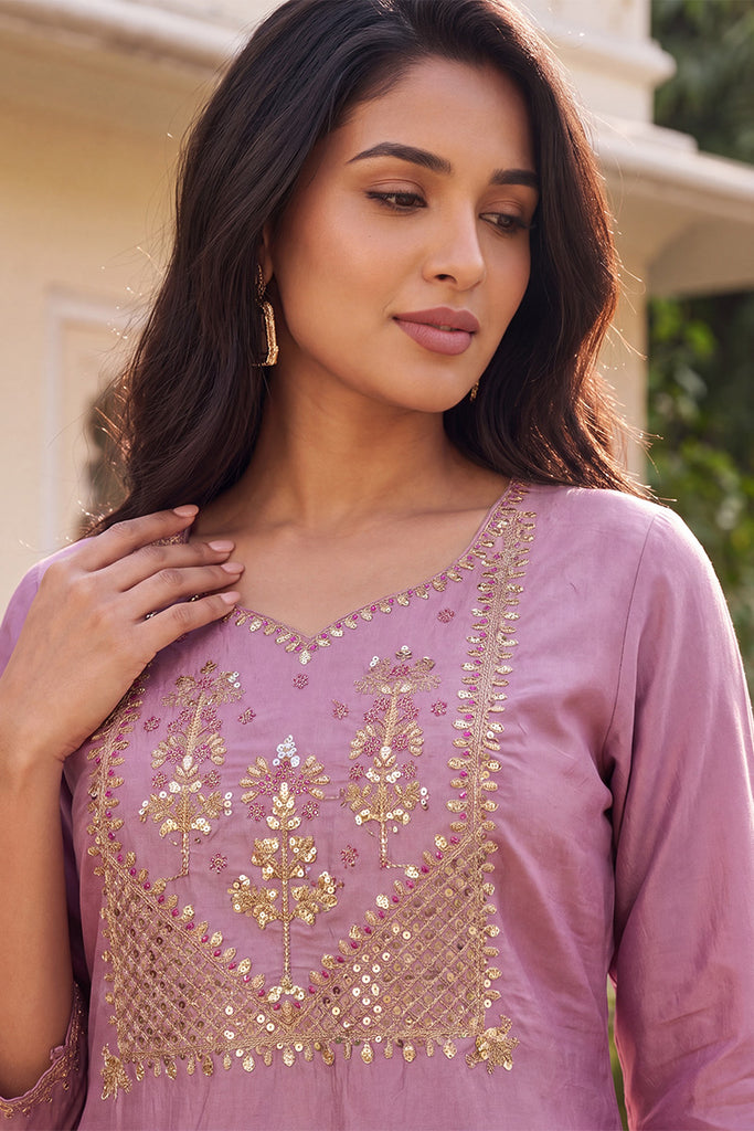 Purple Solid Embroidered Kurta with Trouser Set LPKSET1004