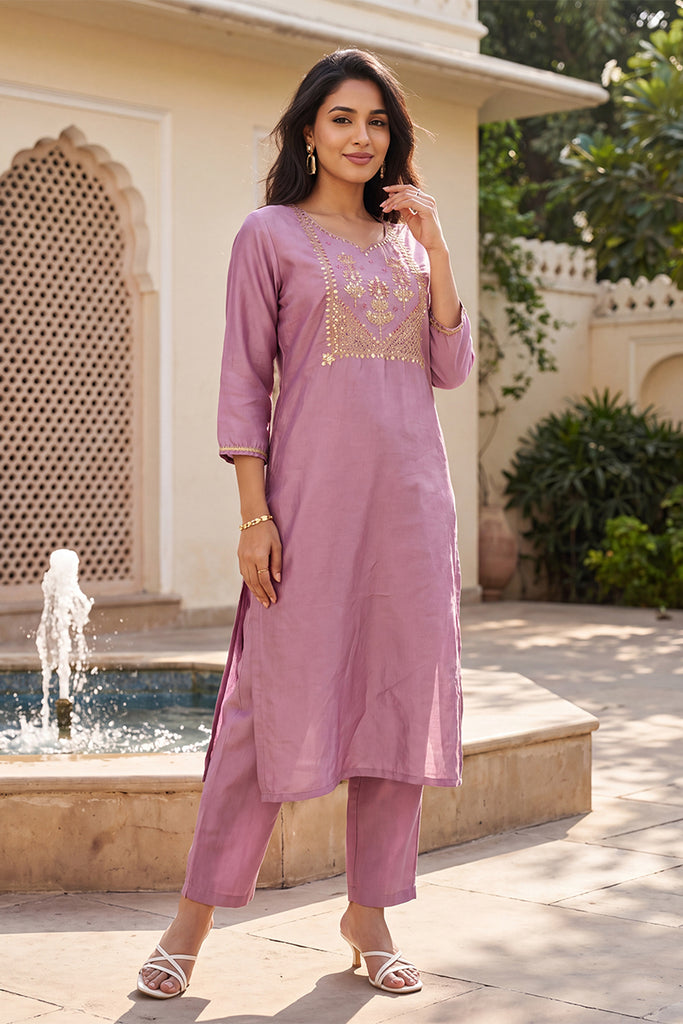 Purple Solid Embroidered Kurta with Trouser Set LPKSET1004