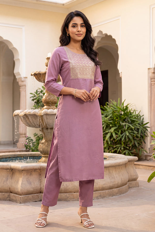 Mauve Solid Embroidered Kurta with Trouser Set LPKSET1005