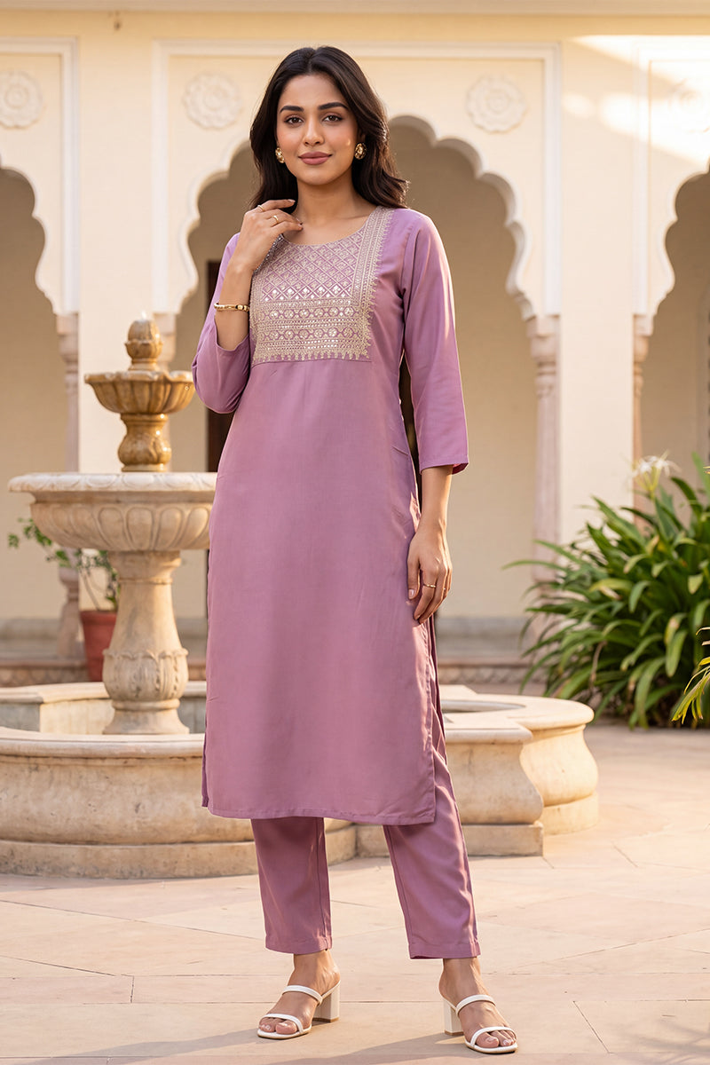 Mauve Solid Embroidered Kurta with Trouser Set LPKSET1005
