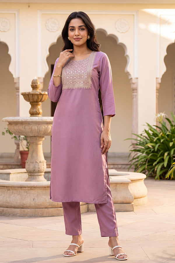 Mauve Solid Embroidered Kurta with Trouser Set LPKSET1005
