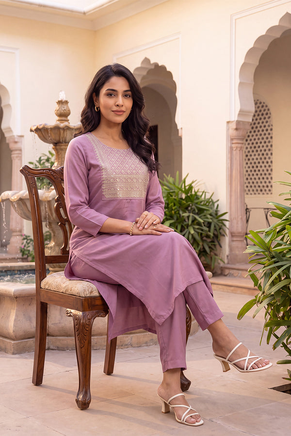 Mauve Solid Embroidered Kurta with Trouser Set LPKSET1005