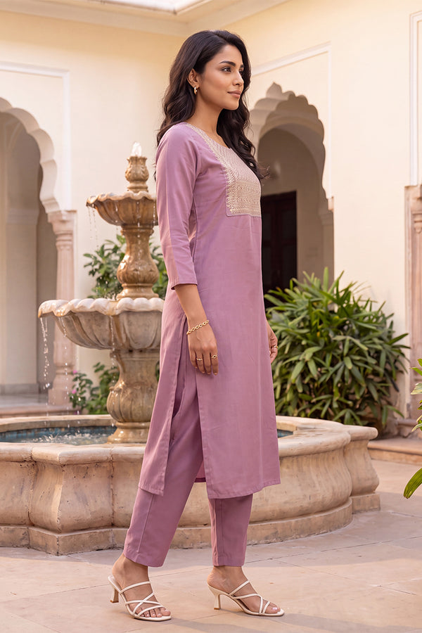 Mauve Solid Embroidered Kurta with Trouser Set LPKSET1005