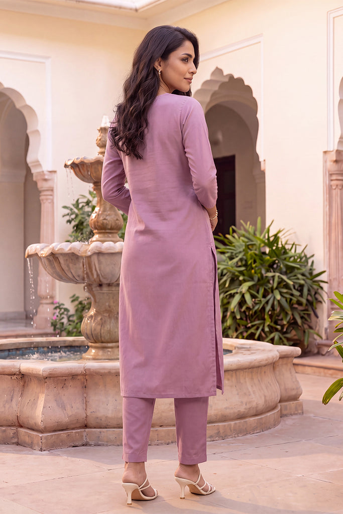 Mauve Solid Embroidered Kurta with Trouser Set LPKSET1005