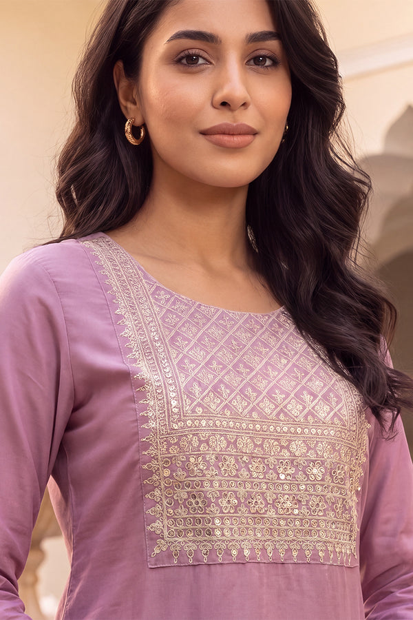 Mauve Solid Embroidered Kurta with Trouser Set LPKSET1005