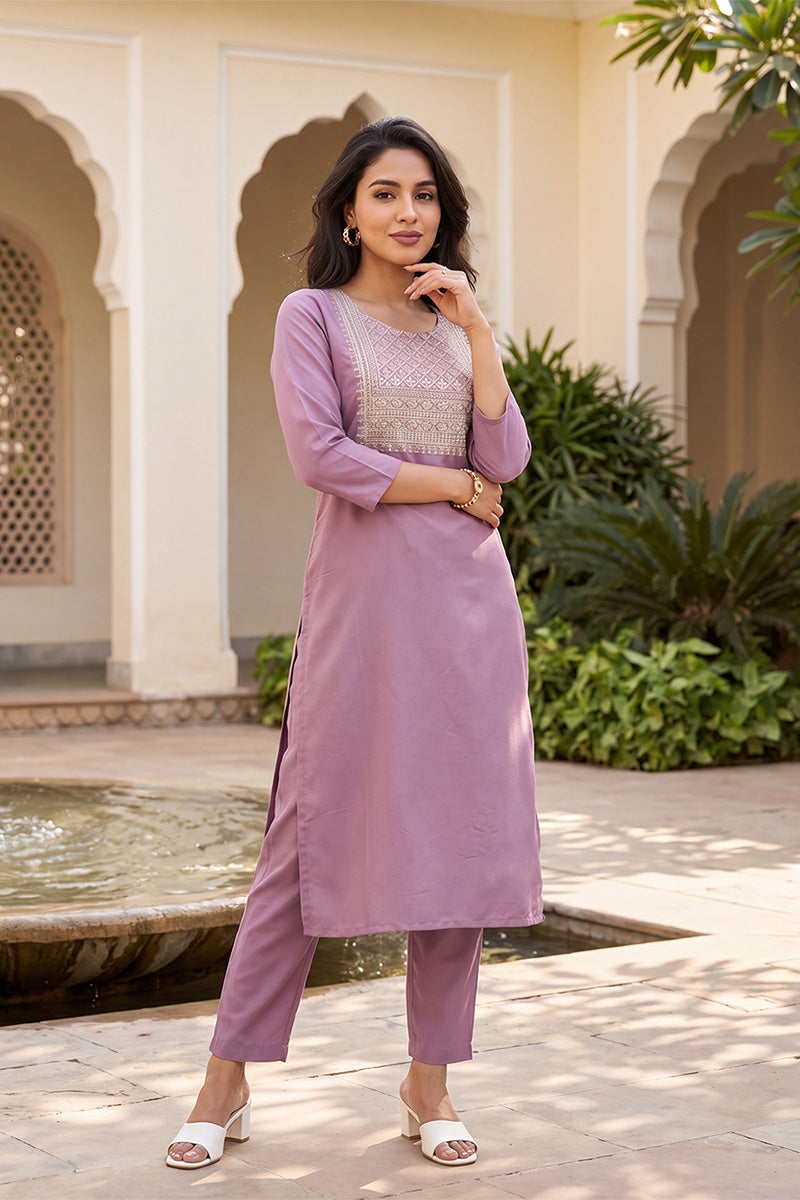 Mauve Solid Embroidered Kurta with Trouser Set LPKSET1005