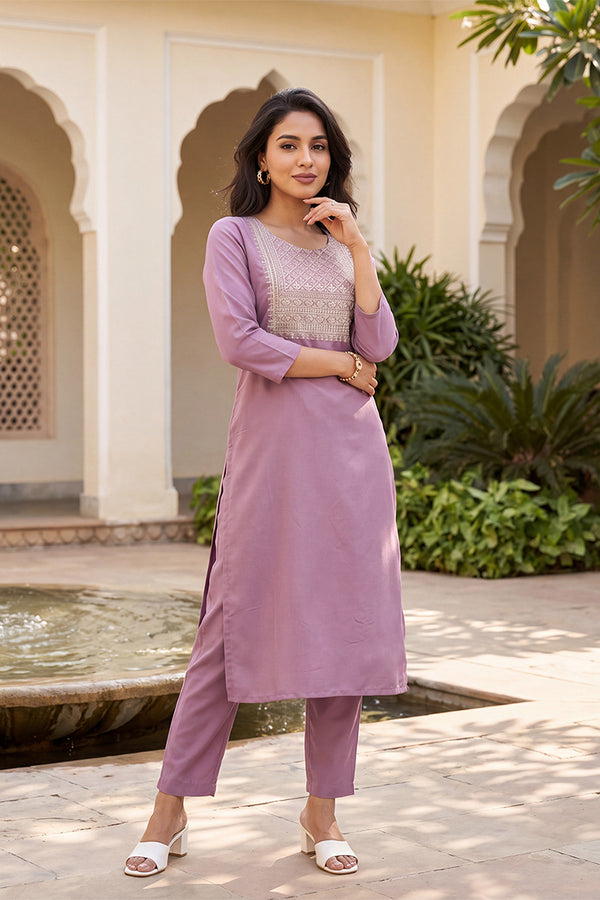Mauve Solid Embroidered Kurta with Trouser Set LPKSET1005