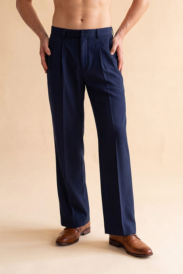 Blue Modal Relaxed Straight Fit Pleated Trousers MBOT1010