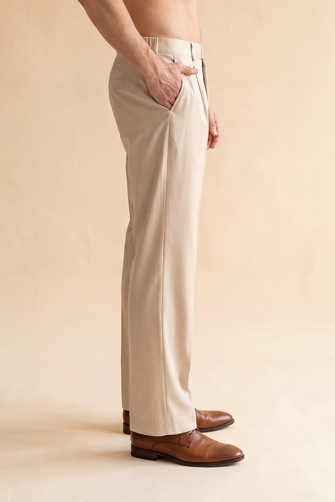 Cream Modal Relaxed Straight Fit Pleated Trousers MBOT1011