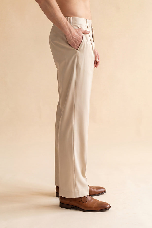 Cream Modal Relaxed Straight Fit Pleated Trousers MBOT1011