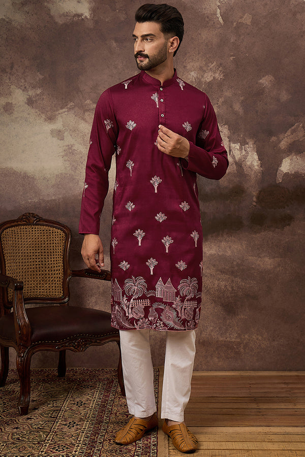 Maroon Silk Blend Solid Embroidered Straight Kurta MKU1329