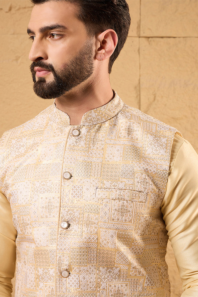 Cream Silk Blend Woven Design Mandarin Collar Koti MKOT1011