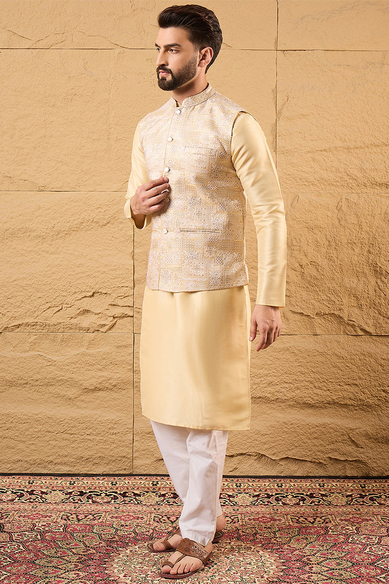 Cream Silk Blend Woven Design Mandarin Collar Koti MKOT1011