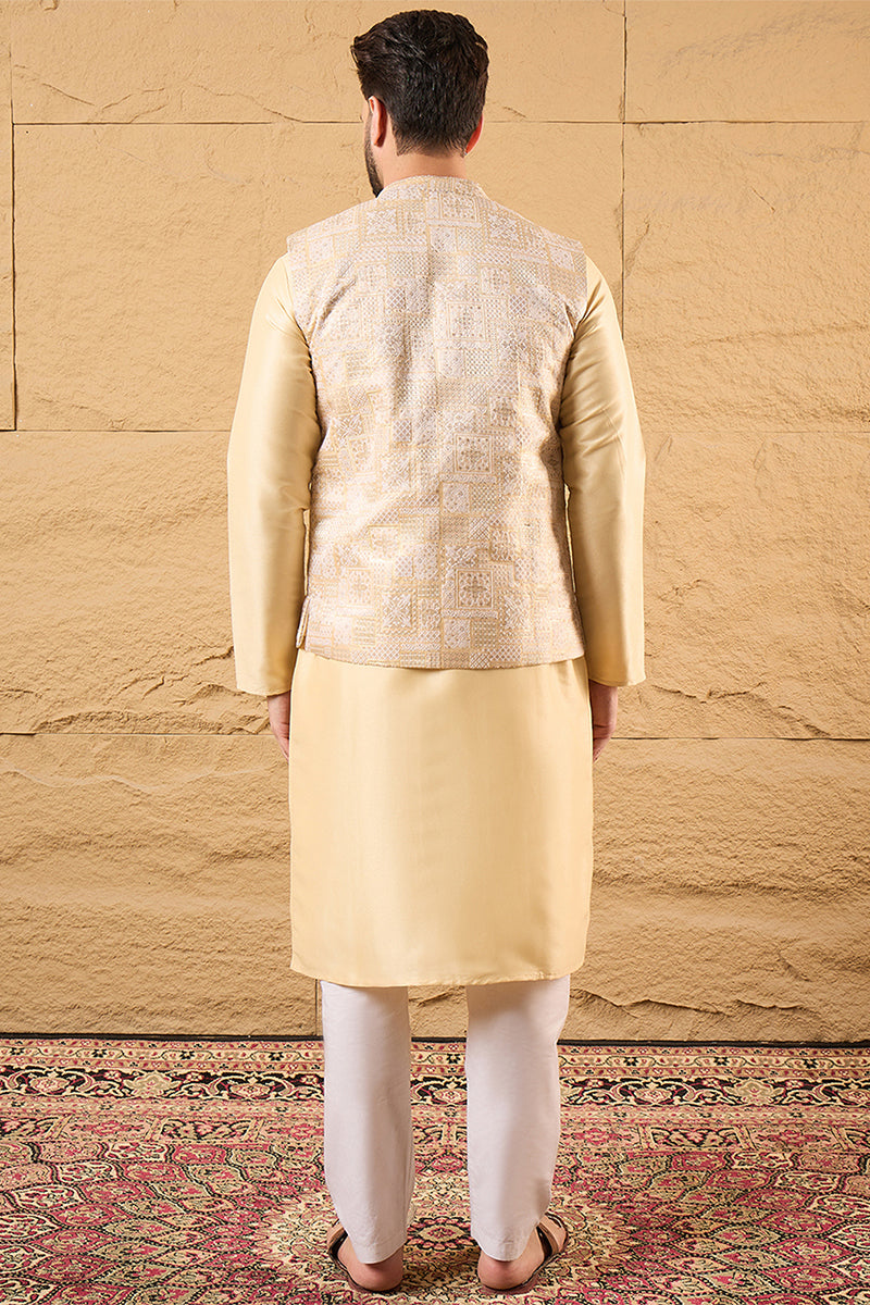 Cream Silk Blend Woven Design Mandarin Collar Koti MKOT1011