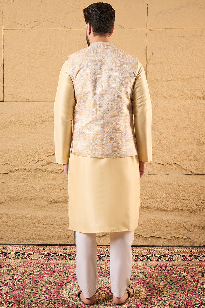 Cream Silk Blend Woven Design Mandarin Collar Koti MKOT1011
