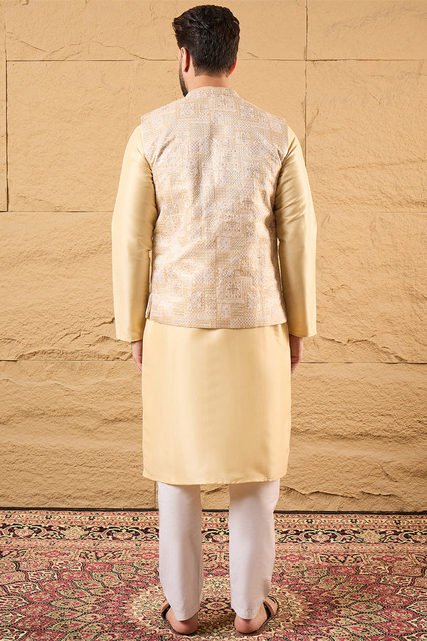 Cream Silk Blend Woven Design Mandarin Collar Koti MKOT1011