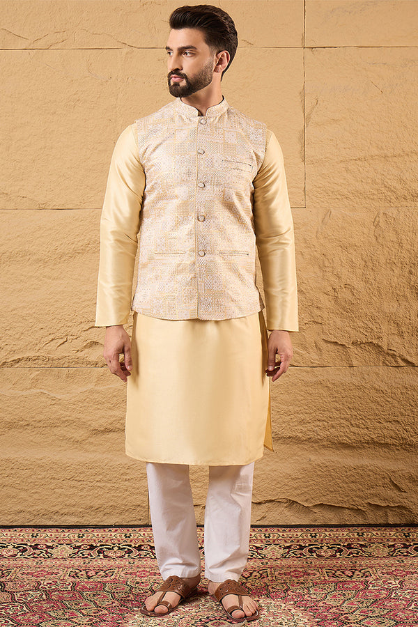 Cream Silk Blend Woven Design Mandarin Collar Koti MKOT1011