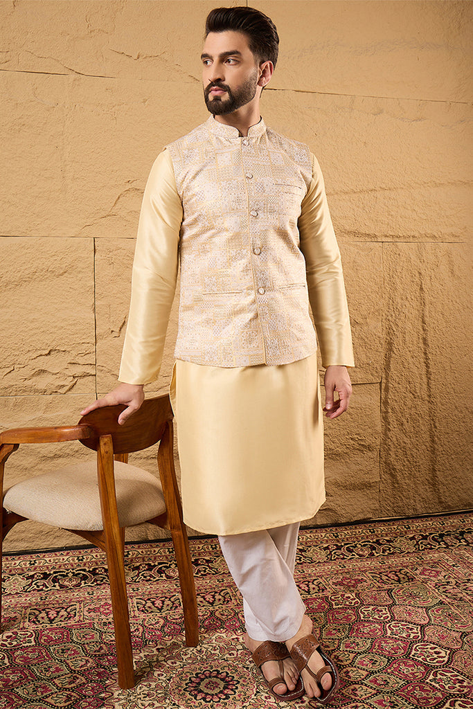 Cream Silk Blend Woven Design Mandarin Collar Koti MKOT1011