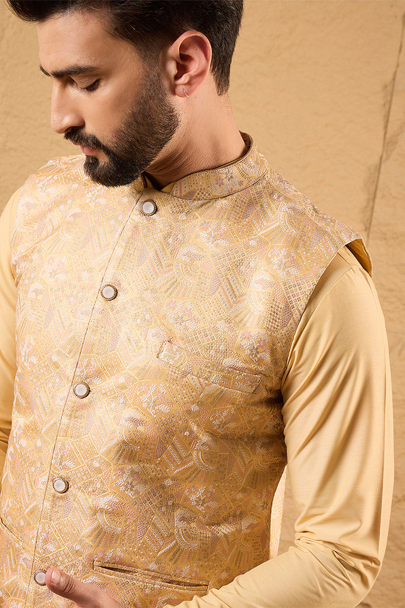 Yellow Silk Blend Woven Design Mandarin Collar Koti MKOT1012