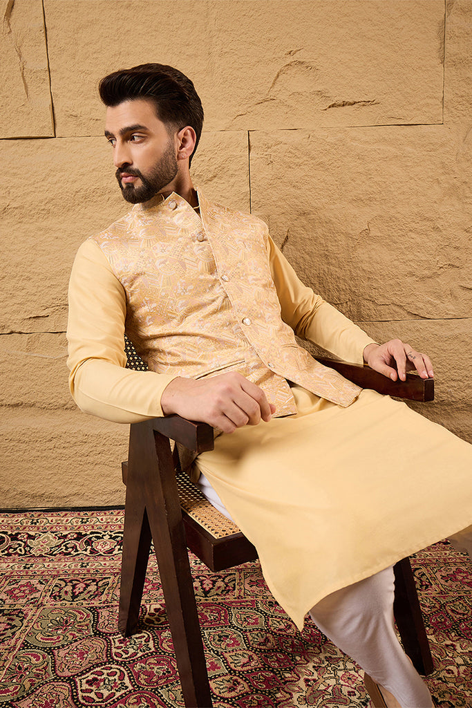 Yellow Silk Blend Woven Design Mandarin Collar Koti MKOT1012