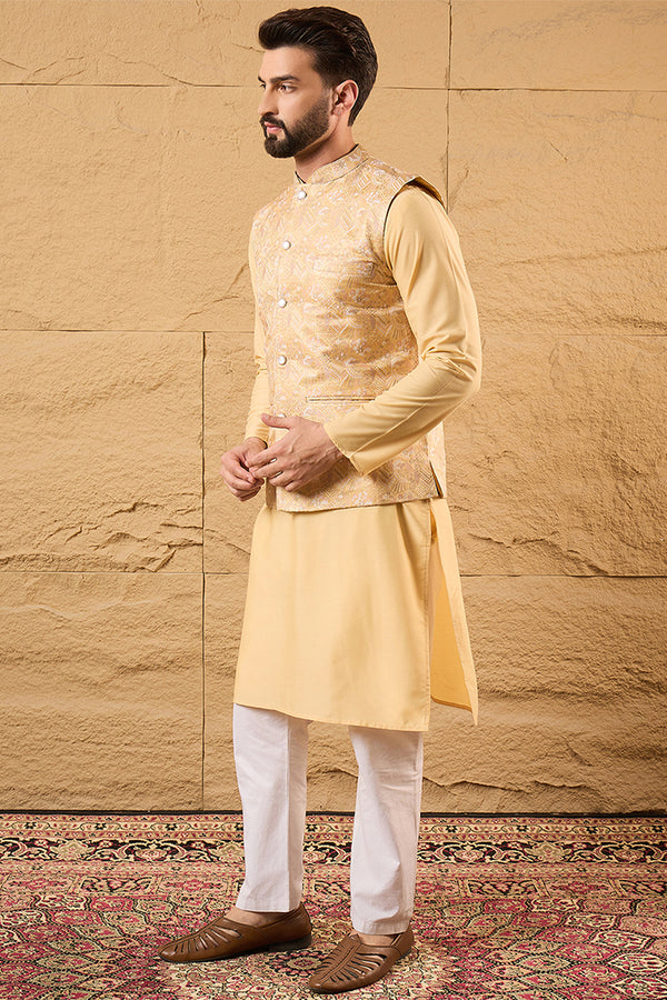 Yellow Silk Blend Woven Design Mandarin Collar Koti MKOT1012