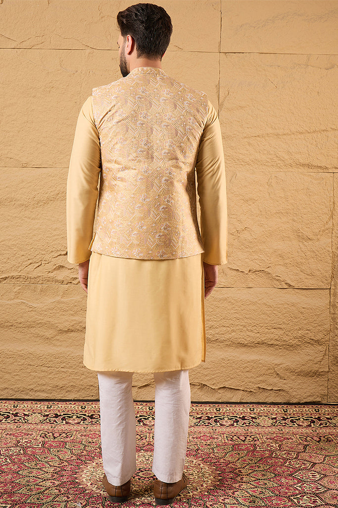 Yellow Silk Blend Woven Design Mandarin Collar Koti MKOT1012
