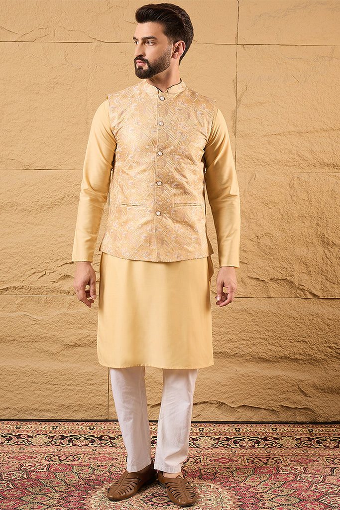 Yellow Silk Blend Woven Design Mandarin Collar Koti MKOT1012
