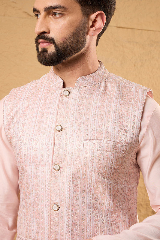 Pink Silk Blend Woven Design Mandarin Collar Koti MKOT1013