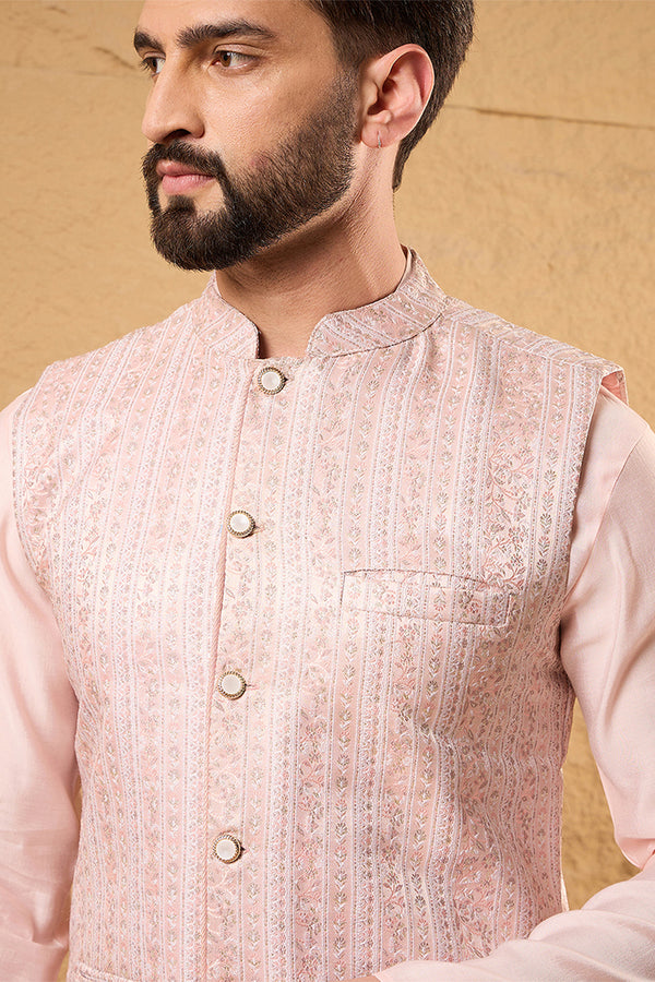 Pink Silk Blend Woven Design Mandarin Collar Koti MKOT1013