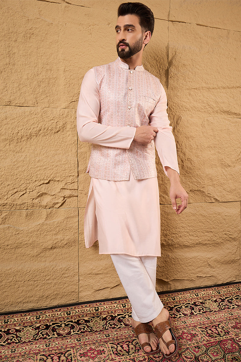 Pink Silk Blend Woven Design Mandarin Collar Koti MKOT1013
