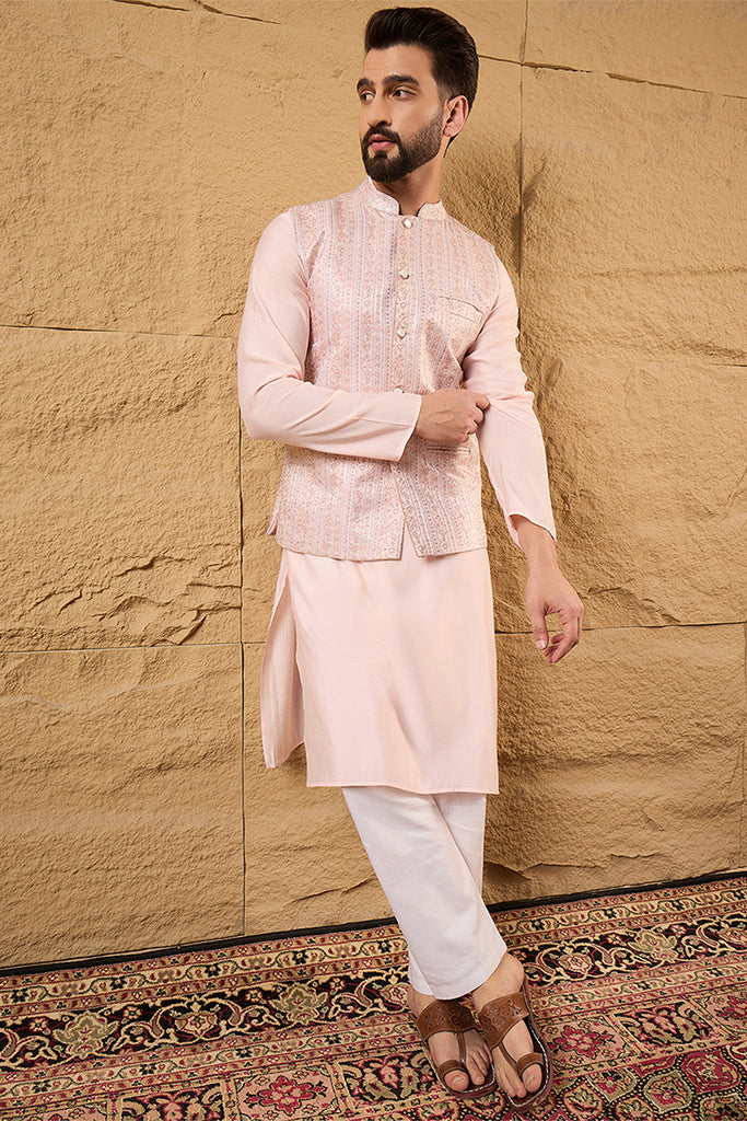 Pink Silk Blend Woven Design Mandarin Collar Koti MKOT1013