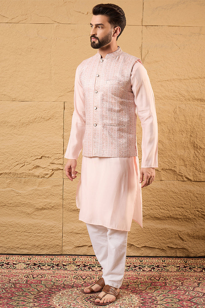 Pink Silk Blend Woven Design Mandarin Collar Koti MKOT1013