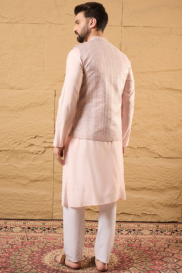 Pink Silk Blend Woven Design Mandarin Collar Koti MKOT1013