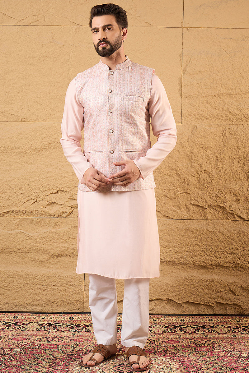 Pink Silk Blend Woven Design Mandarin Collar Koti MKOT1013