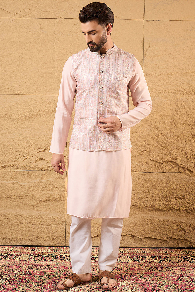 Pink Silk Blend Woven Design Mandarin Collar Koti MKOT1013