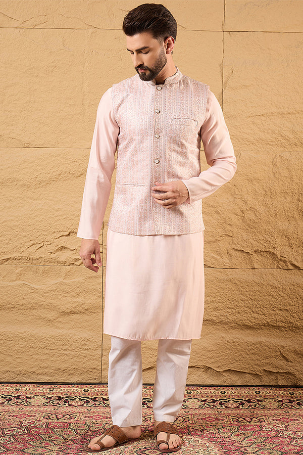 Pink Silk Blend Woven Design Mandarin Collar Koti MKOT1013