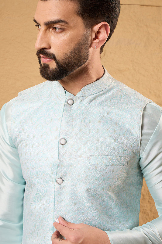 Blue Jacquard Woven Design Mandarin Collar Koti MKOT1038