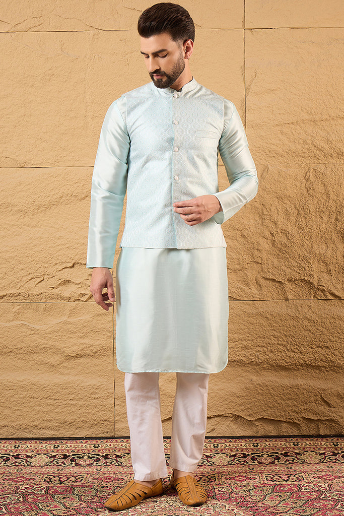 Blue Jacquard Woven Design Mandarin Collar Koti MKOT1038