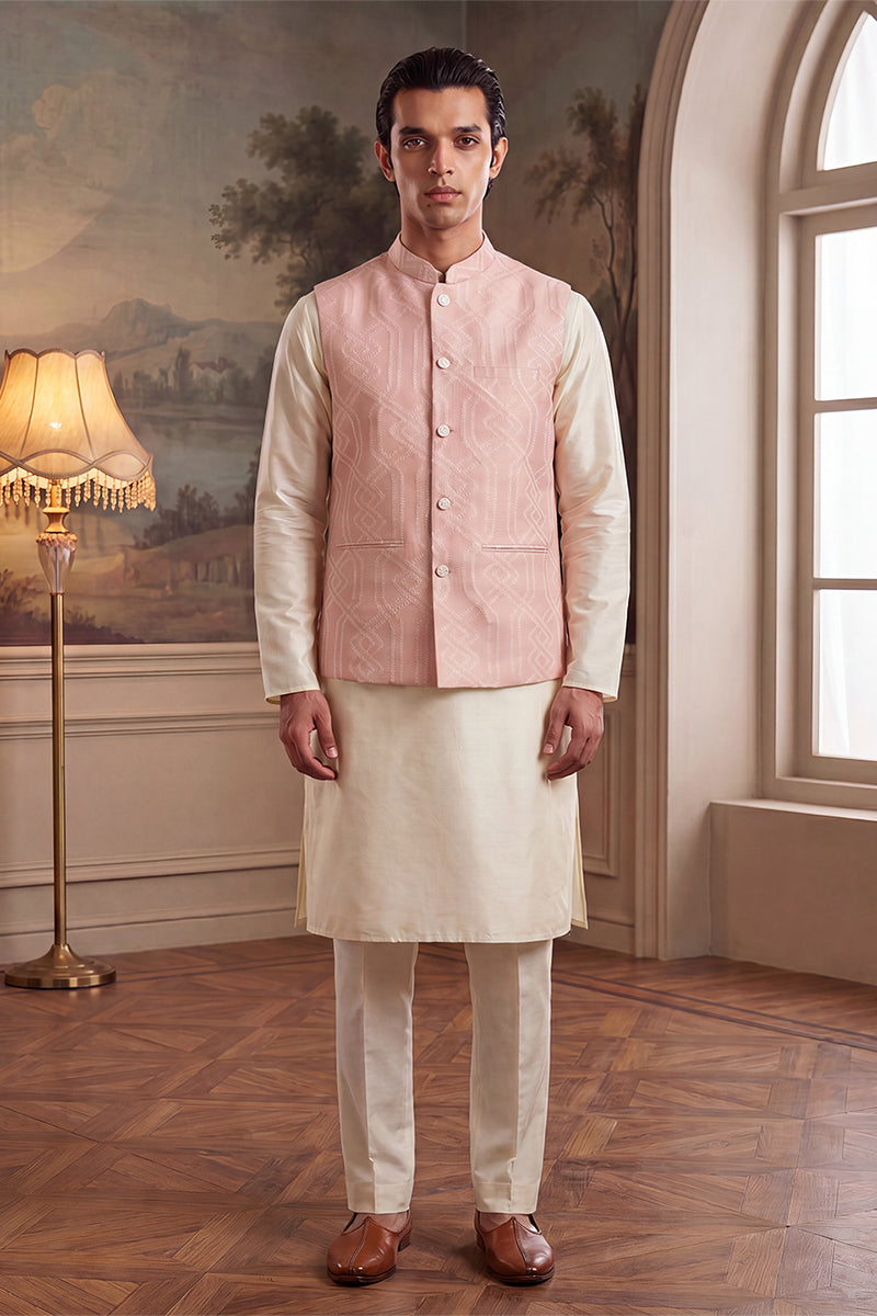 Pink Jacquard Woven Design Mandarin Collar Koti MKOT1043