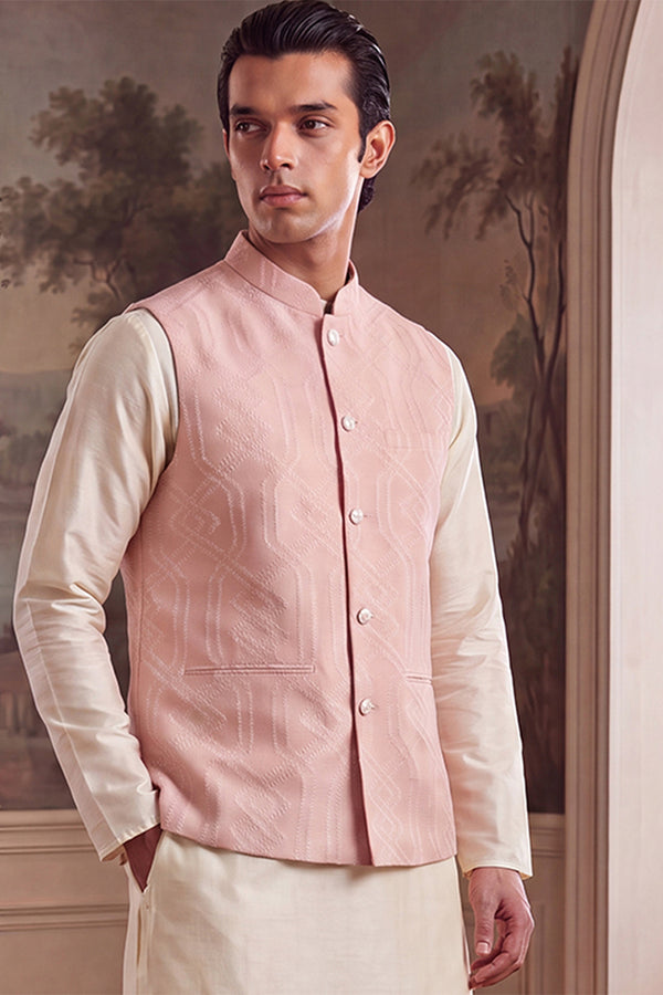 Pink Jacquard Woven Design Mandarin Collar Koti MKOT1043