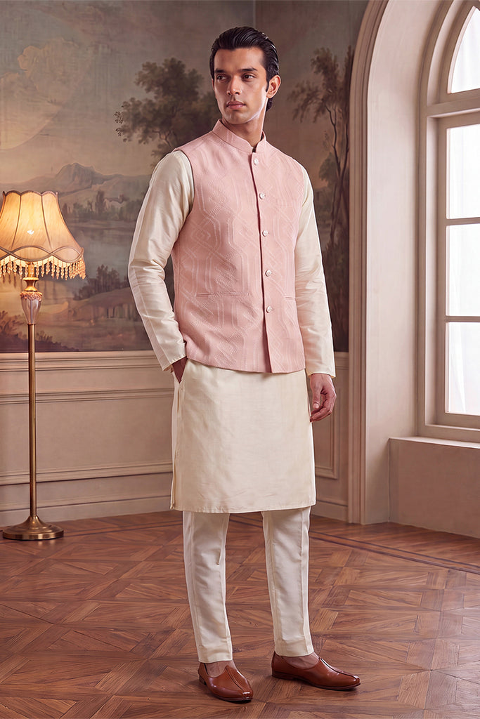 Pink Jacquard Woven Design Mandarin Collar Koti MKOT1043