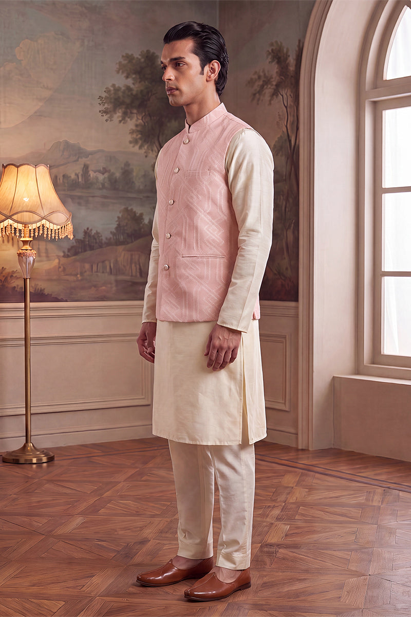 Pink Jacquard Woven Design Mandarin Collar Koti MKOT1043