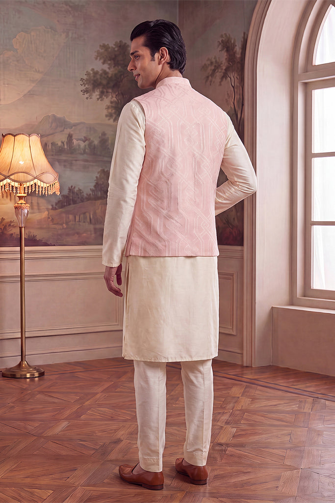 Pink Jacquard Woven Design Mandarin Collar Koti MKOT1043