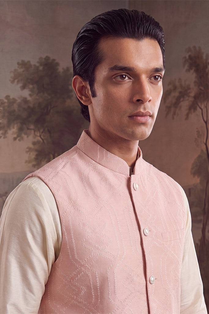 Pink Jacquard Woven Design Mandarin Collar Koti MKOT1043