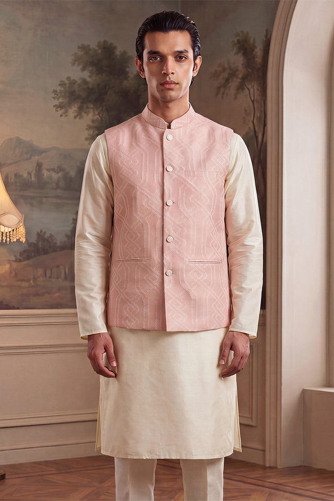 Pink Jacquard Woven Design Mandarin Collar Koti MKOT1043