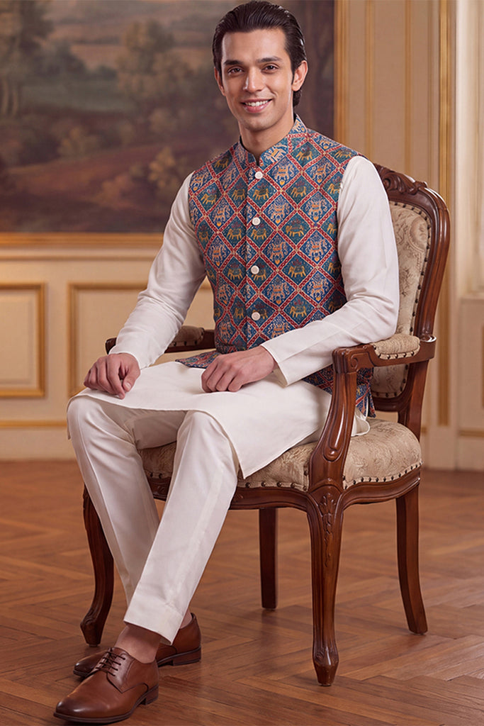 Blue Silk Blend Patola Print Mandarine Collar Koti MKOT1049