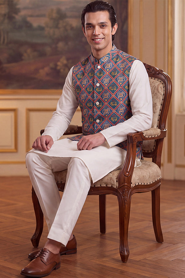 Blue Silk Blend Patola Print Mandarine Collar Koti MKOT1049