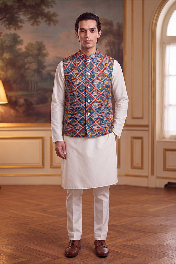 Blue Silk Blend Patola Print Mandarine Collar Koti MKOT1049