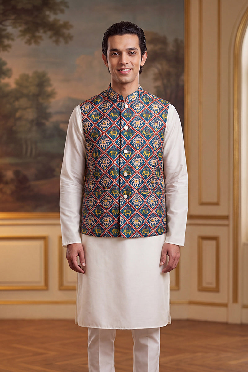 Blue Silk Blend Patola Print Mandarine Collar Koti MKOT1049