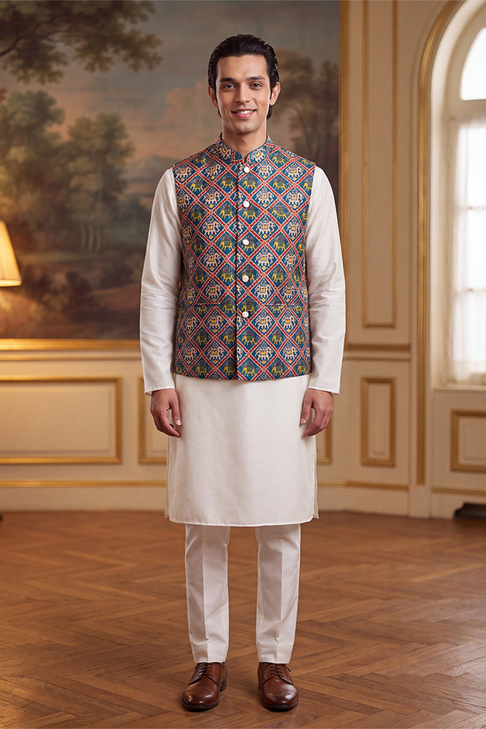 Blue Silk Blend Patola Print Mandarine Collar Koti MKOT1049